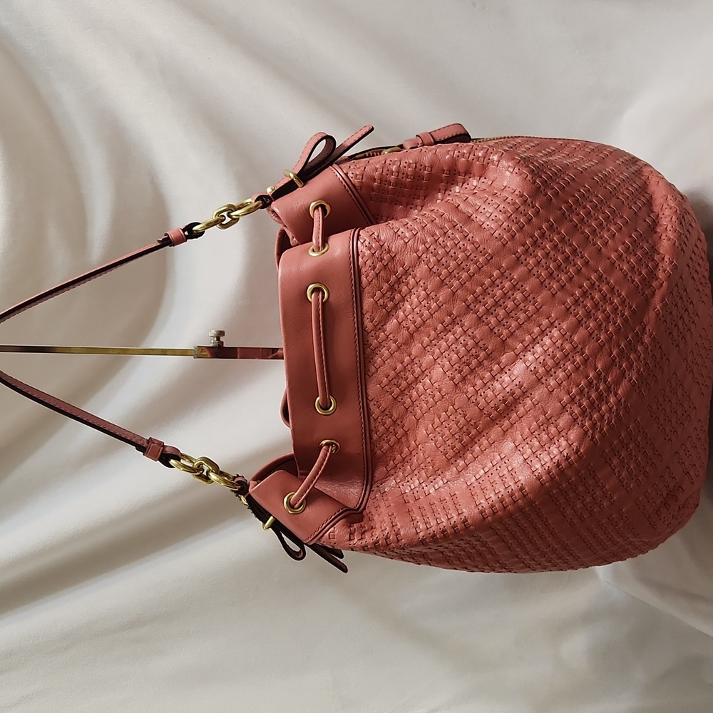 Coach Madison Marielle Pink Woven Leather Drawstring Slouch  Bucket Bag - Picture 2 of 15